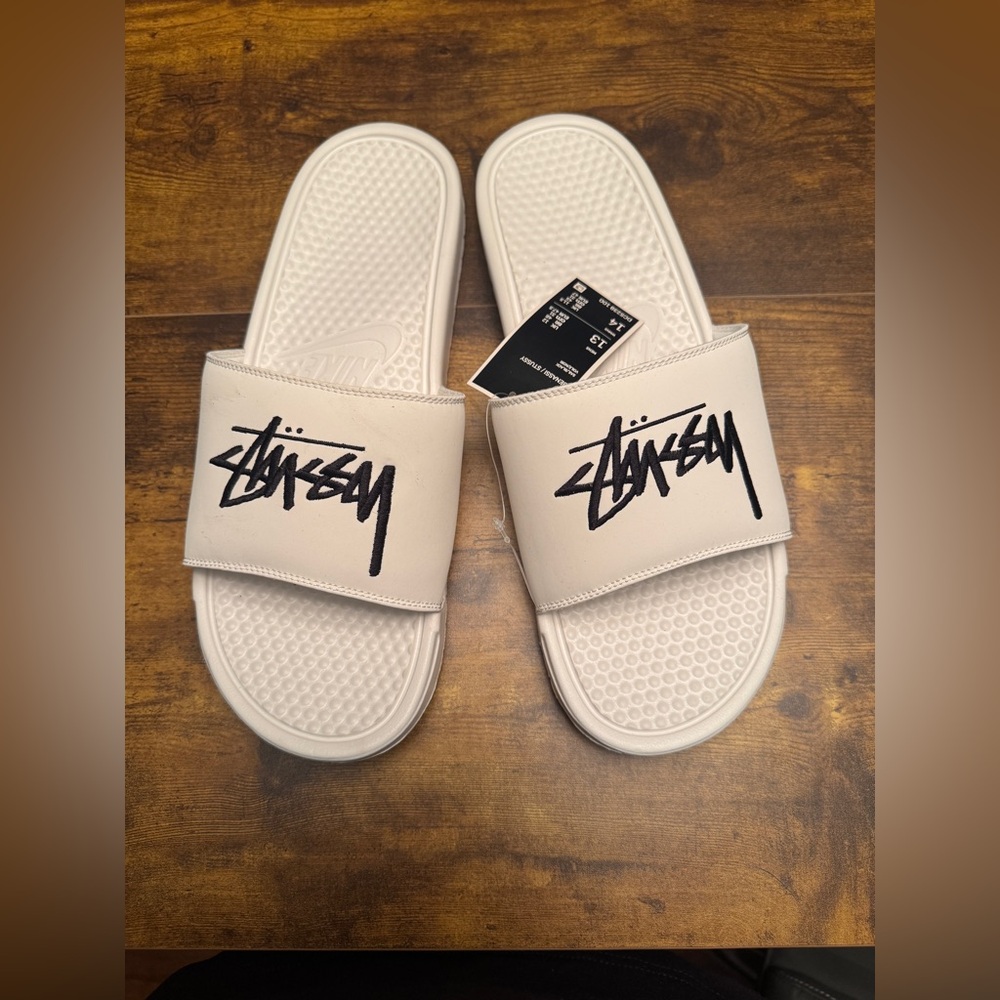 NIKE X STUSSY BENASSI SLIDES WHITE SAIL BLACK MEN'S SIZE 13 DC5239-100